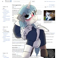 Size: 2048x1895 | Tagged: artist needed, safe, alternate version, derpibooru import, oc, cat, pony, unicorn, g4, apron, article, blue eyes, blue mane, blushing, clothes, cute, cute aggression, female, hair accessory, headpiece, hooves behind head, horn, image, irl, legwear, looking at you, looking up, maid, mare, oh you, pantyhose, photo, png, puffy sleeves, puzzle piece, simple background, skirt, smiling, smiling at you, solo, teehee, text, tights, website, white coat, wikipe-tan, wikipedia, wikipedia article, wikipedian
