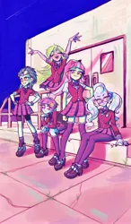 Size: 2399x4096 | Tagged: safe, artist:cattymane_, derpibooru import, indigo zap, lemon zest, sour sweet, sugarcoat, sunny flare, human, equestria girls, g4, bowtie, clothes, eyes closed, female, flower, flower in hair, glasses, goggles, headphones, high res, image, jpeg, legwear, nail polish, open mouth, outdoors, shadow five, shoes, sitting, skirt, socks, thigh highs