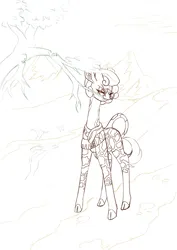 Size: 2480x3508 | Tagged: safe, artist:bright carapace, derpibooru import, oc, oc:macha podavati, unofficial characters only, giraffe, ><, clothes, cloud, cloven hooves, coat marking, curly mane, ears up, eating, eyes closed, glasses, gluttony, happy, horns, image, leaves, monochrome, mountain, mountain range, png, river, scarf, sky, socks (coat marking), spots, tail, tall, tree, tree branch, vegetarian, water