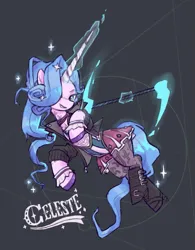 Size: 867x1114 | Tagged: safe, artist:plunger, derpibooru import, ponified, pony, unicorn, abstract background, boots, celeste (deadlock), clothes, coat, colored hooves, crossover, deadlock, eyebrows, eyeshadow, female, hair over one eye, high heel boots, hooves, horn, image, leggings, legwear, long horn, magic, magic aura, makeup, mare, open mouth, png, shoes, skirt, smiling, smirk, solo, sparkles, tattoo, telekinesis, text