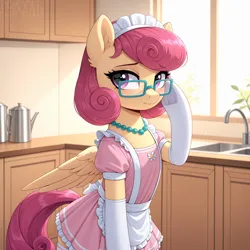 Size: 4704x4704 | Tagged: safe, ai content, ai generated, derpibooru import, generator:yiffymix v64, prompter:thedaren666, stable diffusion, posey shy, pegasus, pony, g4, :s, ai composition, beads, blushing, closed mouth, clothes, ear fluff, eyebrows, female, fluffy, glasses, image, indoors, jpeg, kitchen, kitchen sink, legwear, looking away, maid, maid headdress, mare, partially open wings, plant, raised hoof, short sleeves, shy, signature, socks, solo, standing, stockings, thigh highs, underhoof, wavy mouth, wings