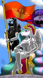 Size: 1280x2304 | Tagged: suggestive, artist:quakehoof, derpibooru import, princess celestia, oc, oc:starshine bomber, anthro, g4, bdsm, bondage, bondage gear, breasts, busty princess celestia, chastity, chastity belt, clothes, collar, corset, crown, gag, gloves, image, inside cam, jewelry, latex, latex gloves, nun, nun costume, nun outfit, otm gag, png, regalia, rubber drone, sitting, solar empire, throne, unguiligrade anthro