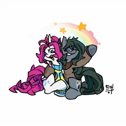 Size: 1280x1280 | Tagged: safe, artist:pomoykaenota, derpibooru import, oc, oc:klotty, oc:lerk, unofficial characters only, bat pony, earth pony, pony, clothes, fangs, glasses, hug, image, jewelry, jpeg, looking at you, open mouth, rainbow, simple background, solo, stars, white background