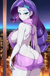 Size: 1024x1536 | Tagged: suggestive, ai generated, novelai, prompter:someguy845, stable diffusion, rarity, human, equestria girls, g4, ass, backless, backless dress, big breasts, breasts, busty rarity, butt, butt touch, city, cityscape, clothes, diamond hair clip, dimples of venus, eyeshadow, female, hand on butt, hips, hotel room, huge breasts, image, indoors, looking at you, looking back, looking back at you, makeup, night, open-back sweater, png, prompt in description, purple nail polish, purple nails, rearity, sexy, sideboob, sleeveless sweater, smiling, smiling at you, solo, solo female, stupid sexy rarity, sweater, thighs, turtleneck sweater, virgin killer sweater