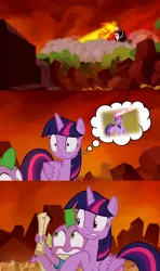 Size: 2000x3375 | Tagged: safe, derpibooru import, edit, edited screencap, screencap, lord tirek, spike, twilight sparkle, alicorn, centaur, pony, taur, g4, the cutie re-mark, twilight's kingdom, comic, image, my little pony, outdoors, png