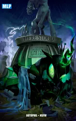 Size: 2575x4096 | Tagged: safe, alternate version, artist:applephil, derpibooru import, lord tirek, queen chrysalis, centaur, changeling, taur, g4, comic cover, cover, cover art, crown, female, former queen chrysalis, glow, glowing horn, gravestone, horn, image, implied cozy glow, jewelry, jpeg, kraven's last hunt, legion of doom statue, male, marvel, parody, petrification, rain, regalia, solo focus, spider-man, statue, text, textless, textless version, thunder, wings
