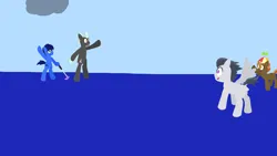 Size: 1920x1080 | Tagged: safe, anonymous artist, derpibooru import, button mash, rumble, thunderlane, oc, oc:anoncolt, earth pony, pegasus, pony, g4, bipedal, blue fur, cloud, colt, foal, golf club, group, image, lineless, looking at each other, looking at someone, male, no pupils, one wing out, open mouth, open smile, png, quadrupedal, quartet, smiling, smiling at each other, stallion, waving, wings
