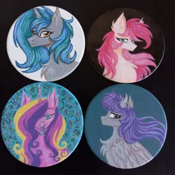 Size: 1280x1278 | Tagged: safe, artist:darklight1315, derpibooru import, princess cadance, queen chrysalis, roseluck, oc, oc:homage, oc:morning glory, alicorn, earth pony, pegasus, pony, unicorn, fallout equestria, fallout equestria: project horizons, g4, chest fluff, disguise, disguised changeling, ear fluff, fake cadance, fanfic art, female, horn, image, jpeg, magnet, mare, photo, tongue out, traditional art