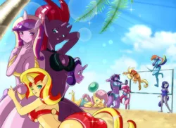 Size: 2200x1600 | Tagged: suggestive, artist:caramel-sheep, derpibooru import, applejack, fluttershy, pinkie pie, princess cadance, rainbow dash, rarity, starlight glimmer, sunset shimmer, tempest shadow, twilight sparkle, twilight sparkle (alicorn), alicorn, anthro, earth pony, pegasus, unicorn, g4, ambiguous facial structure, beach, bikini, blushing, breasts, broken horn, busty applejack, busty fluttershy, busty mane six, busty pinkie pie, busty princess cadance, busty rainbow dash, busty rarity, busty starlight glimmer, busty sunset shimmer, busty tempest shadow, busty twilight sparkle, clothes, horn, image, jpeg, mane six, one eye closed, one-piece swimsuit, selfie, sports, sun bathing, swimsuit, tail, tail hole, tongue out, volleyball, wink