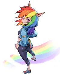 Size: 1498x1872 | Tagged: safe, artist:ptcrow, derpibooru import, rainbow dash, human, g4, ass, butt, clothes, eared humanization, female, humanized, image, jacket, jpeg, looking at you, midriff, rainbow, simple background, smiling, smiling at you, solo, white background