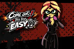 Size: 1641x1080 | Tagged: safe, artist:charliexe, derpibooru import, sunset shimmer, g4, 2d, belt, breasts, cleavage, clothes, gloves, image, lip gloss, long hair, long sleeves, looking at you, mask, persona, persona 5, persona 5 royal, png, pointing, pointing at you, purple gloves, smiling, smiling at you, solo, suit, wavy hair, zipper