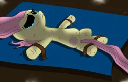 Size: 1024x659 | Tagged: grimdark, artist:angieimagines, derpibooru import, fluttershy, pegasus, pony, fanfic:muffins, g4, 2015, base used, bondage, crying, fanfic art, fluttersad, image, imminent death, jpeg, missing eye, removed cutie mark, scar, shading, solo, torture, unsexy bondage, wingless