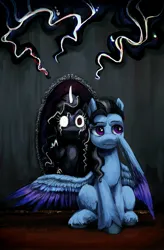 Size: 2689x4096 | Tagged: safe, artist:misstwipietwins, derpibooru import, oc, oc:storm whisper, unofficial characters only, pegasus, pony, unicorn, black mane, blue fur, horn, horror, image, jpeg, mirror, shadow