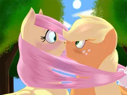 Size: 4032x3024 | Tagged: safe, artist:jadethehedgepony, derpibooru import, angel bunny, applejack, fluttershy, earth pony, pegasus, pony, rabbit, g4, animal, appleshy, blushing, boop, bust, duo focus, female, hatless, high res, image, lesbian, looking at each other, looking at someone, mare, missing accessory, nose to nose, nose wrinkle, noseboop, offscreen character, outdoors, png, shipper on deck, shipping