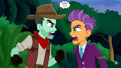Size: 1364x768 | Tagged: safe, ai generated, generator:gemini, peter bread, slingshot (character), equestria girls, argument, background human, cowboy, cowboy hat, crystal prep academy students, dialogue, duo, hat, image, jpeg, low effort, male, night, peter bread owlseye, yelling