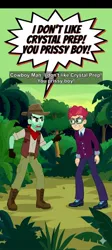 Size: 688x1529 | Tagged: safe, ai generated, generator:gemini, pepper twist, slingshot (character), human, equestria girls, angry, argument, background human, clothes, cowboy, cowboy hat, crystal prep academy students, crystal prep academy uniform, dialogue, duo, hat, image, jpeg, jungle, low effort, male, school uniform, wat