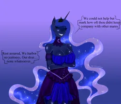 Size: 1701x1462 | Tagged: suggestive, artist:steelknigh, derpibooru import, princess luna, alicorn, anthro, g4, angry, blatant lies, clothes, crossed arms, dialogue, dress, ethereal mane, ethereal tail, eyes closed, forced smile, grin, image, jealous, jpeg, long hair, long mane, long tail, smiling, solo, speech bubble, tail, text