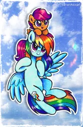 Size: 1559x2355 | Tagged: safe, artist:dariarchangel, derpibooru import, rainbow dash, scootaloo, pegasus, pony, g4, :d, adorable face, blue coat, blue sky, c:, cloud, cute, cute smile, cutealoo, dashabetes, duo, duo female, female, filly, flying, foal, full body, heartwarming, image, mare, multicolored hair, open mouth, open smile, orange coat, outline, passepartout, png, purple eyes, rainbow hair, rainbow tail, scootaloo can fly, scootaloo can't fly, scootalove, shoulder ride, sky, smiling, spread wings, tail, weapons-grade cute, white outline, wholesome, wings