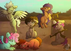 Size: 2820x2039 | Tagged: safe, artist:themimicartist, derpibooru import, oc, oc:mimic, unofficial characters only, earth pony, pegasus, pony, baseball cap, bipedal, cap, choker, ear piercing, earring, eyes closed, eyes open, female, floppy ears, flying, freckles, glasses, green sky, group, gun, hat, hoof hold, image, jewelry, jpeg, lipstick, looking at you, lying down, male, mare, outdoors, piercing, pinpoint eyes, prone, spread wings, square glasses, stallion, submachine gun, thompson submachine gun, weapon, wings