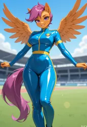 Size: 832x1216 | Tagged: suggestive, ai generated, prompter:atmtn2021cai, scootaloo, anthro, g4, arms at sides, athletic field, bodysuit, breasts, clothes, cloud, feathered wings, female, happy, hips, image, jpeg, latex, looking at you, outdoors, posing for photo, shiny clothing, skintight clothes, sky, smiling, solo, solo female, solo focus, spread wings, sun, thighs, tight clothing, uniform, wings, wonderbolts uniform