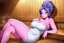 Size: 1536x1024 | Tagged: suggestive, ai generated, novelai, prompter:someguy845, stable diffusion, cookie crumbles, human, series:sauna magic, series:sauna milf magic, equestria girls, g4, big breasts, bouffant, breasts, busty cookie crumbles, chubby, chubby crumbles, cleavage, cougar, crossed legs, ear piercing, earring, equestria girls-ified, female, image, jewelry, looking at you, mature, milf, naked towel, piercing, png, prompt in description, reclining, sauna, solo, solo female, steam, steamy, stupid sexy cookie crumbles, thighs, towel, wooden walls