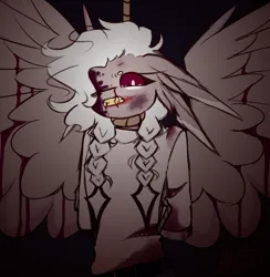 Size: 1952x2000 | Tagged: grimdark, artist:[strawberry bacon], derpibooru import, oc, oc:raspberry wasp, unofficial characters only, anthro, original species, pegasus, asphyxiation, beetlebeast, beige coat, belt, bleeding, blood, braid, bruised, chemical burns, clothes, dark background, denim, dying, fangs, feathered wings, female, four ears, hair jewelry, hanging, image, jeans, nosebleed, pants, png, purple sclera, rope, simple background, solo, stab wounds, sweater, teary eyes, tied hands, turtleneck, white eyes, white hair, wings, wounded wings