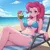 Size: 768x768 | Tagged: suggestive, ai generated, generator:perchance, ponerpics import, prompter:bluecat138, pinkie pie, human, series:eqg beach beauties, equestria girls, beach, beach chair, bikini, blue bikini, blue swimsuit, breasts, busty pinkie pie, clothes, coconut cup, drink, generation errors, image, jpeg, sexy, side-tie bikini, swimsuit