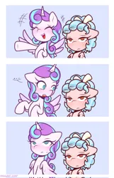 Size: 1317x2048 | Tagged: safe, artist:trash art, derpibooru import, cozy glow, princess flurry heart, alicorn, pegasus, g4, ..., cozy glow is not amused, cozyheart, emanata, female, flurry heart is not amused, image, jpeg, laughing, lesbian, meme, older, older cozy glow, older flurry heart, open mouth, ponified meme, serious, serious face, shipping, simple background, spread wings, unamused, wings