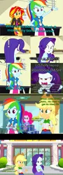 Size: 1677x4656 | Tagged: safe, derpibooru import, edit, edited screencap, screencap, applejack, pinkie pie, rainbow dash, rarity, sunset shimmer, undead, vampire, equestria girls, g4, angry, bandage, biting implied, canterlot high, comic, dialogue, hungry, image, implied lesbian, implied rarijack, implied shipping, my little pony equestria girls: rainbow rocks, png, rarity is not amused, screencap comic, unamused