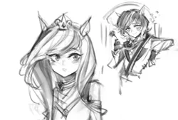 Size: 1113x754 | Tagged: safe, artist:ptcrow, derpibooru import, princess cadance, shining armor, human, g4, black and white, blushing, duo, eared humanization, female, flower, gleaming cadance, gleaming shield, grayscale, half r63 shipping, humanized, image, jewelry, jpeg, lesbian, male, monochrome, regalia, rose, rule 63, shiningcadance, shipping, simple background, sketch, smiling, straight, uma musume pretty derby, white background