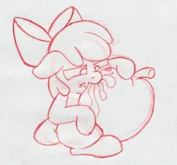 Size: 829x773 | Tagged: safe, artist:unitxxvii, derpibooru import, apple bloom, earth pony, pony, g4, apple, eating, female, filly, floppy ears, foal, food, giant food, image, jpeg, juicy, monochrome, pen drawing, solo, traditional art