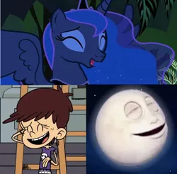 Size: 828x814 | Tagged: safe, derpibooru import, princess luna, alicorn, human, g4, female, image, jpeg, laughing, luna (bear in the big blue house), luna loud, moon, namesake, pun, the loud house, visual pun
