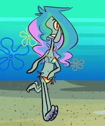 Size: 1000x1200 | Tagged: safe, artist:threetwotwo32232, derpibooru import, princess celestia, anthro, g4, belly, belly button, bikini, clothes, cursed image, female, hair over one eye, image, jpeg, meme, outdoors, ponified meme, rainbow dash bikini, solo, spongebob squarepants, squidward tentacles, swimsuit, underwater, wat, water, when you have a friend (meme)