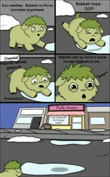 Size: 1600x2560 | Tagged: safe, artist:roadkill, derpibooru import, oc, unofficial characters only, fluffy pony, pony, 2026, ambiguous gender, brown hooves, building, comic, crying, dialogue, digital art, english, fluffy pony foal, foal, green fur, green hair, green tail, image, jpeg, narrowed eyes, night, outdoors, puddle, quadrupedal, sad, sky, snow, solo, sparkles, sparkly eyes, tail, wingding eyes