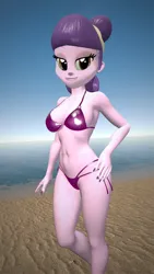 Size: 1440x2560 | Tagged: suggestive, artist:oatmeal!, derpibooru import, suri polomare, human, equestria girls, g4, 3d, beach, bedroom eyes, belly, belly button, bikini, breasts, cleavage, clothes, gmod, hand on hip, image, looking at you, ocean, outdoors, panties, png, sexy, solo, standing, swimsuit, thong, underwear, water