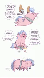 Size: 2007x3531 | Tagged: semi-grimdark, artist:awfulfawn, derpibooru import, oc, unofficial characters only, fluffy pony, fly, human, insect, pony, 2026, abuse, blue hair, blue hooves, blue tail, bound, corpse, crotchboobs, crying, death, digital art, dirty, duct tape, emaciated, female, fluffy pony foals, foal, holding a pony, image, jpeg, mare, mother and child, mouth hold, nudity, pain, pink fur, quadrupedal, skinny, starvation, suffering, tail, tan skin, tape, thin, torture