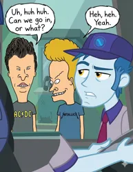 Size: 912x1183 | Tagged: safe, ai generated, generator:gemini, human, equestria girls, annoyed, background human, beavis and butthead, braces, bus driver, dialogue, duo, generation errors, image, laughing, low effort, male, males only, mr. shallow, nonchalant, png, stupid, wat