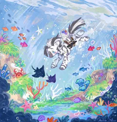 Size: 2500x2599 | Tagged: safe, artist:madame_strekoza, derpibooru import, oc, crab, fish, pony, starfish, zebra, bubble, commission, coral, coral reef, image, ocean, png, seashell, seaweed, shell, smiling, stingray, swimming, underwater, water, ych result, zebra oc