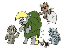 Size: 1584x1198 | Tagged: safe, artist:petirep, derpibooru import, apple bloom, derpy hooves, scootaloo, sweetie belle, bird, earth pony, gargoyle, pegasus, pigeon, pony, unicorn, g4, bipedal, clothes, cosplay, costume, cutie mark crusaders, female, filly, foal, horn, hunchback of notre dame, image, jpeg, mare, open mouth, open smile, pillow, playing card, poker chips, quasimodo, simple background, smiling, species swap, tongue out, white background