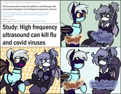 Size: 3730x2916 | Tagged: safe, artist:moonatik, derpibooru import, oc, oc:nectar tangerine, oc:selenite, unofficial characters only, bat pony, pony, bat pony oc, clothes, comic, coronavirus, covid-19, dialogue, eeee, female, gloves, hair bun, image, mare, mask, png, shirt, sick, surgical mask, sweater