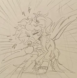 Size: 2386x2416 | Tagged: safe, artist:liaaqila, derpibooru import, oc, oc:nyx, alicorn, commission, concert, heavy metal, horn, image, jpeg, makeup, mascara, microphone, open mouth, outfit, ponytail, singing, sketch, spread wings, studs, teenager, wings