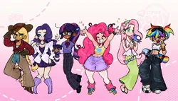 Size: 1876x1075 | Tagged: safe, artist:khmnerd, derpibooru import, applejack, fluttershy, pinkie pie, rainbow dash, rarity, twilight sparkle, bird, human, g4, armpits, arms in the air, boots, breasts, chaps, cleavage, clothes, dark skin, devil horn (gesture), dress, ear piercing, earring, eye clipping through hair, female, football, front knot midriff, glasses, gloves, gradient background, grin, high heel boots, human coloration, humanized, image, jacket, jewelry, jpeg, leggings, legwear, light skin, mane six, midriff, my little pony logo, no pupils, piercing, plaid shirt, shirt, shoes, shorts, skateboard, sleeveless, sleeveless shirt, smiling, sports, standing, standing on one leg, sunglasses, sunglasses on head, sweater vest, tan skin, tongue out, tongue piercing