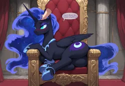 Size: 1824x1248 | Tagged: safe, ai generated, prompter:mirta, nightmare moon, alicorn, human, pony, blushing, curtains, disembodied hand, ethereal mane, ethereal tail, hand, hoof shoes, human on pony petting, image, missing helmet, petting, pillar, png, slit pupils, solo, speech bubble, talking to viewer, throne, tsundere