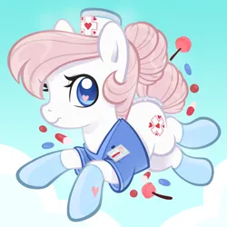 Size: 2400x2400 | Tagged: safe, artist:sparkytopia, derpibooru import, nurse redheart, earth pony, pony, g4, 2026, blue eyes, candy, clothes, cloud, day, female, food, gloves, hair bun, hat, heart, heart mark, image, latex, latex gloves, looking at you, mare, medication, nurse hat, nurse redheart's hat, outdoors, pink hair, pink mane, pink tail, png, scrubs (gear), shirt, signature, sky, smiling, socks, solo, tail, tail bun, white coat, wingding eyes