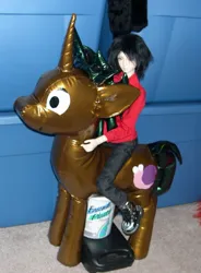 Size: 800x1087 | Tagged: safe, artist:bladespark, derpibooru import, snails, pony, unicorn, g4, figurine, horn, humans riding ponies, image, indoors, irl, jpeg, photo, plushie, pvc, riding, riding a pony, solo
