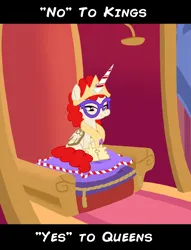 Size: 1530x2000 | Tagged: safe, artist:thehorriblemrspine, derpibooru import, twist, alicorn, earth pony, pony, g4, alicornified, april fools, cardboard wings, fake wings, female, filly, foal, image, implied princess celestia, no kings protest, pillow, png, politics, princess twist, race swap, solo, this will end in communism, throne, xk-class end-of-the-world scenario