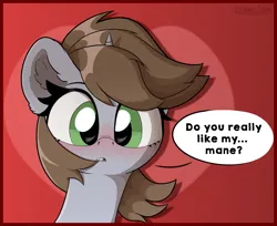 Size: 3500x2850 | Tagged: safe, artist:marestare, derpibooru import, oc, oc:littlepip, unofficial characters only, pony, unicorn, fallout equestria, g4, abstract background, bust, chewing, chewing mane, chromatic aberration, colored, dialogue, ear fluff, ears up, eating, eyebrows, female, female oc, flat colors, front view, gradient background, gritted teeth, heart, horn, image, looking at you, mare, mare oc, open mouth, passepartout, png, portrait, red background, shading, signature, simple background, solo, speech bubble, talking to viewer, teeth, text, wingding eyes