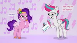 Size: 7680x4320 | Tagged: safe, artist:qeinone, derpibooru import, pipp petals, zipp storm, pegasus, pony, g5, my little pony: tell your tale, abstract background, chubby, concave belly, duo, duo female, ear piercing, earring, female, fit, hoof hold, hoof on chin, image, jewelry, mare, physique difference, piercing, pipp is chubby, png, prank, rad-visor, royal sisters (g5), siblings, sisters, slender, text, thin, unshorn fetlocks, visor, wings, zipp is skinny