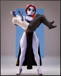 Size: 2000x2500 | Tagged: safe, artist:dangerousdpad, derpibooru import, oc, oc:sugar surge, anthro, human, plantigrade anthro, unicorn, 3d, blender, blender cycles, carrying, choker, duo, female, glasses, holding, horn, human male, image, larger female, legs, lifting, male, muscles, muscular female, png, size difference