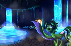 Size: 2000x1301 | Tagged: safe, artist:celes-969, derpibooru import, oc, oc:tranquil zen, unofficial characters only, pegasus, pony, beach chair, cave, chair, colored wings, commissioner:legionofblues, female, headband, image, jpeg, mare, mos, multicolored wings, smiling, spa, water, waterfall, window, wing wave, wings